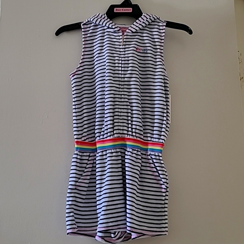 Juicy Couture Girls Sleeveless Hooded Romper Shorts, white & black stripes